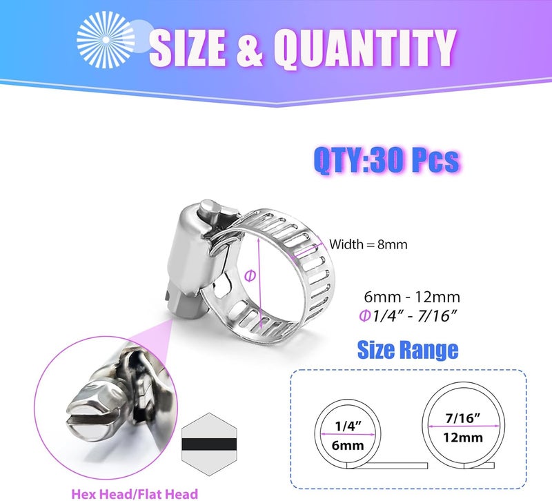 Duramedal Hose Clamp- 30 PCS Stainless Steel Hose Clamps Assortment Kit 1/4''–7/16'' stainless steel hose clamps for Fuel Line, Plumbing, Automotive, Mechanical Applications, Tube, Garden - Image 2